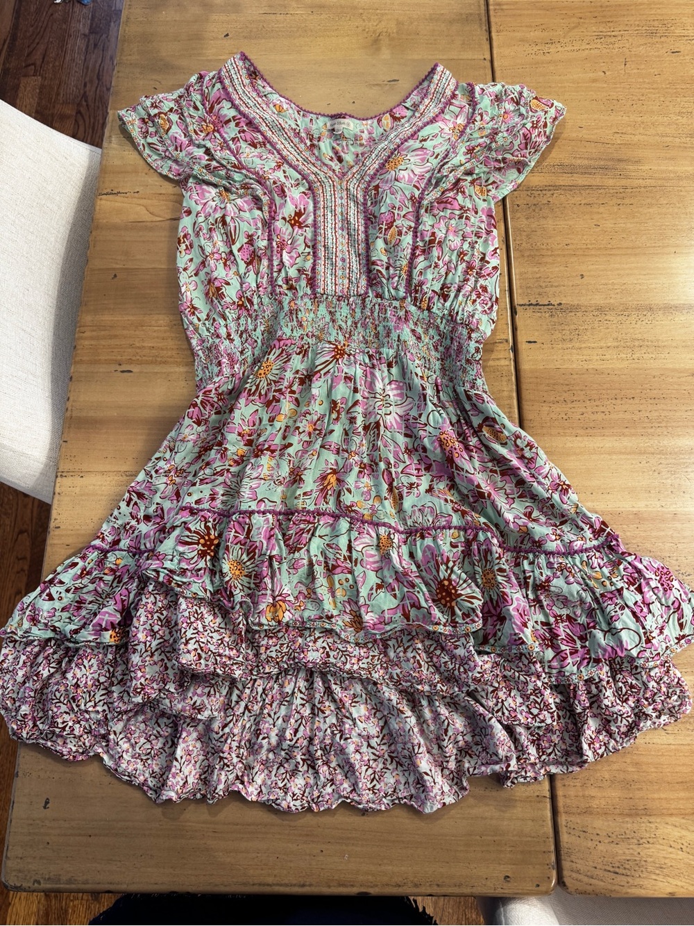 Poupette St. Barth Mint and Pink Floral Tiered Cotton Dress